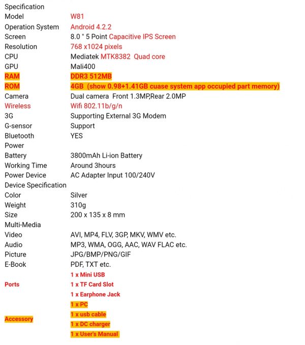 Zeke and Bernie's Children 8 inch W81 Android 4.2 Tablet PC MTK8382 Quad core 512MB+4GB 768 x1024 pixels IPS Dual cameras Wifi. PLUS GET FREE 16GB TF CARD - Image 4
