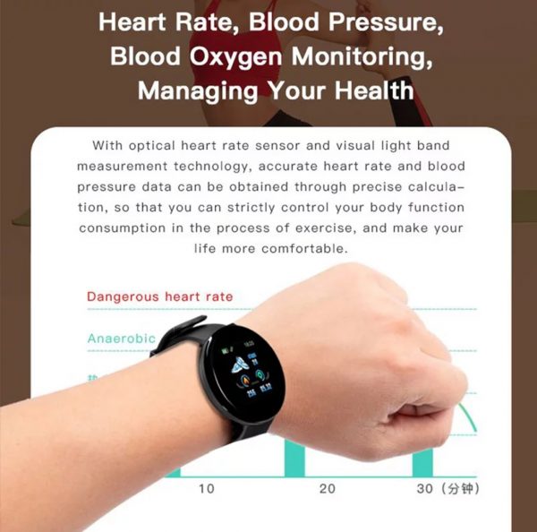 Zeke and Bernie's D18 Smart Watch Blood Pressure Heart Rate Monitor Waterproof Bluetooth Round Fitness Tracker Smart Band Bracelet - Image 3