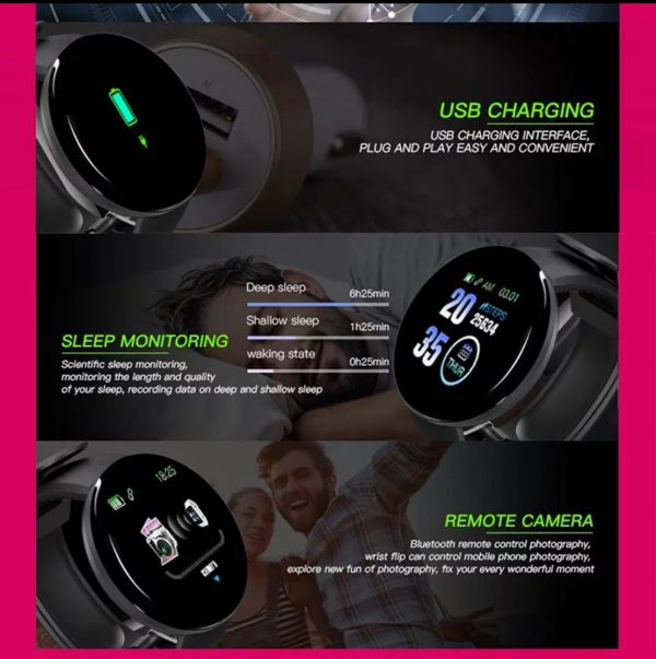 Zeke and Bernie's D18 Smart Watch Blood Pressure Heart Rate Monitor Waterproof Bluetooth Round Fitness Tracker Smart Band Bracelet - Image 4
