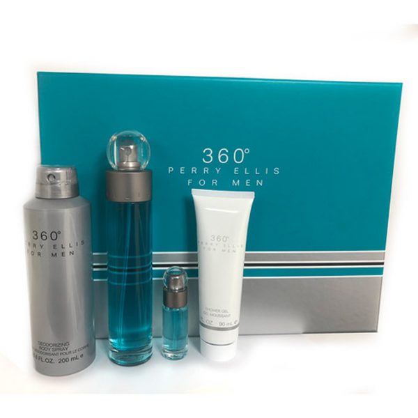 Set Perry Ellis 360 Men ( 4PCS SET ) Turquoise Box 3.4 OZ EDT / 3 OZ SG /EUT 0.25 OZ./