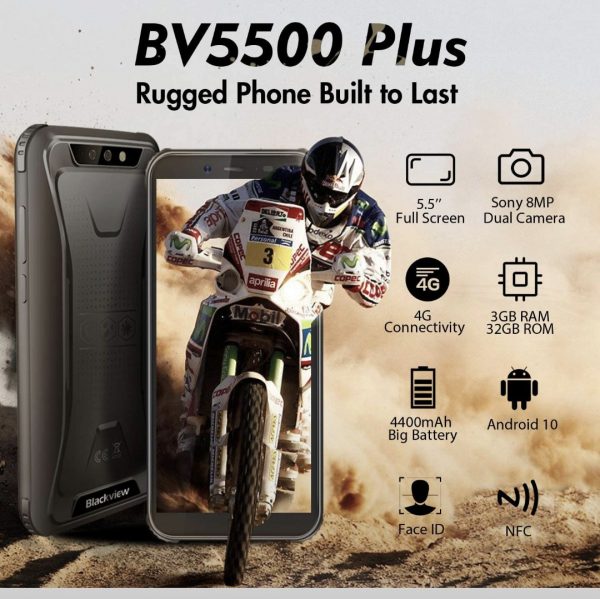 Rugged Unlocked Cell Phones, Blackview BV5500 Plus 4G LTE Rugged Cell Phones with Android 10 IP68 Waterproof Drop Proof, 5.5" Screen 3GB+32GB Dual SIM 4400mAh Battery, Black - Image 2